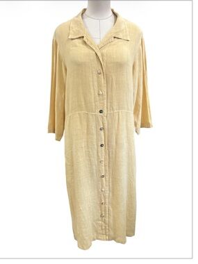 Vintage Cotton Connection 100% linen button down shirt dress yellow Sz Large